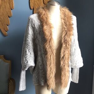 Military Hippie salt & pepper color with faux fur collar trim open cardigan OS